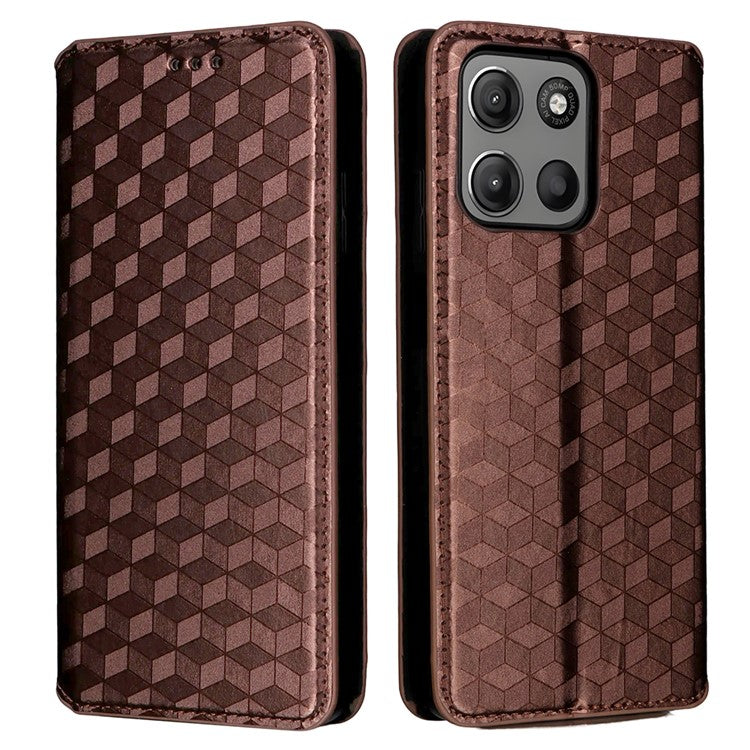 For Motorola Moto G15 Power 4G  /  G15 4G Wallet Case Rhombus Imprinted Leather Phone Cover - Brown