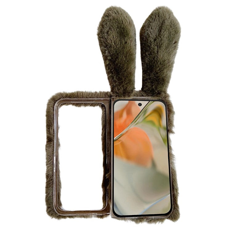 For Google Pixel 9 Pro Fold 5G Case Bunny Ears Winter Plush Soft TPU Phone Cover - Dark Brown