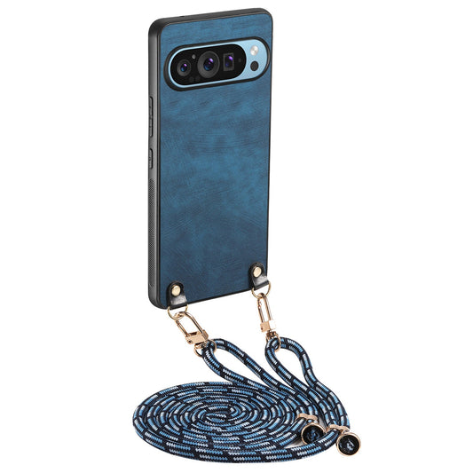 For Google Pixel 9 Retro Leather Phone Back Cover with Adjustable Strap - Blue