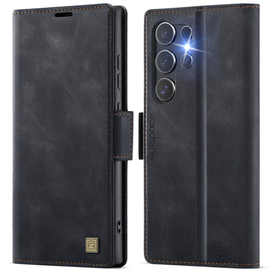 For Samsung Galaxy S25 Ultra Case AUTSPACE A11 RFID Blocking Retro Leather Cell Phone Wallet Cover - Black