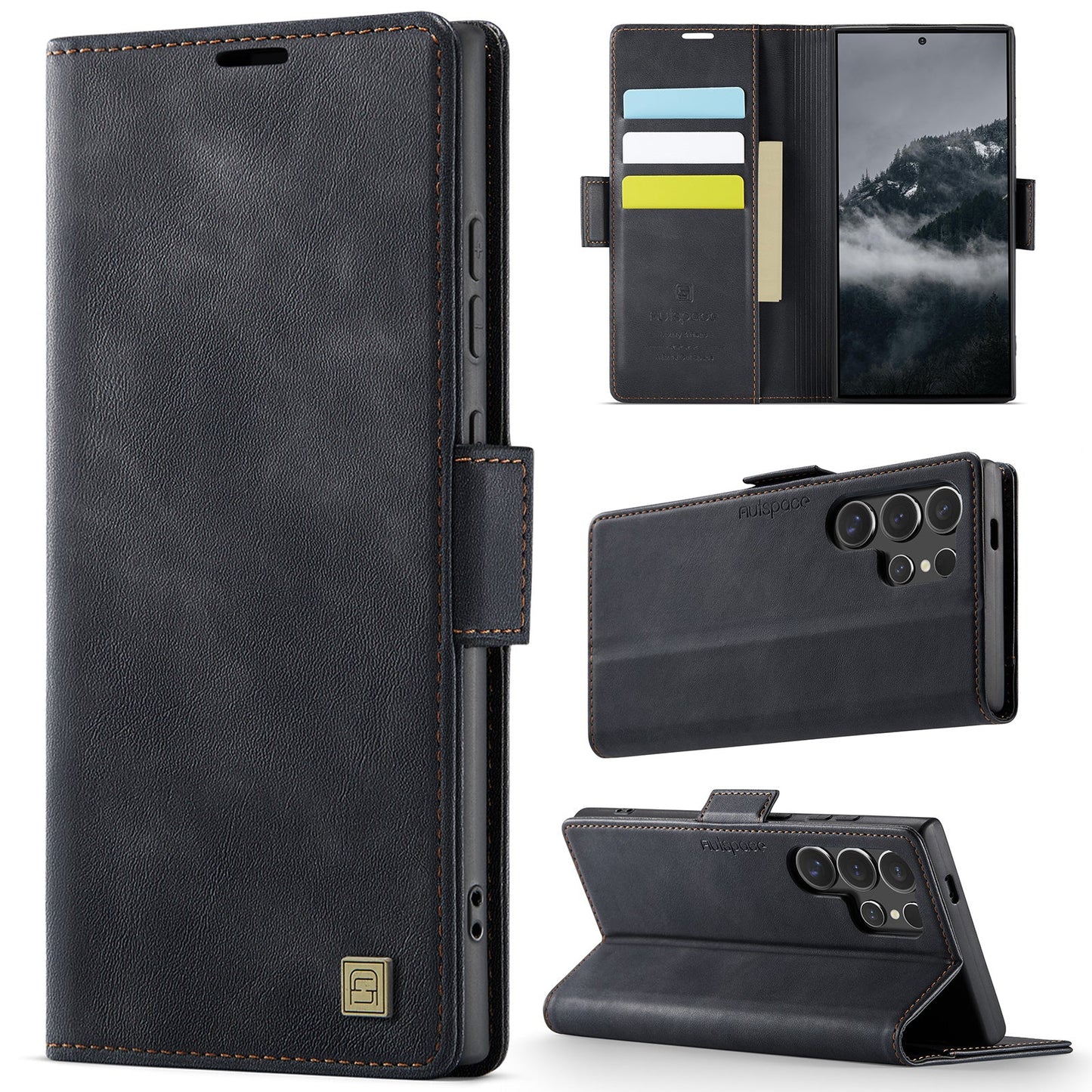 For Samsung Galaxy S25 Ultra Case AUTSPACE A11 RFID Blocking Retro Leather Cell Phone Wallet Cover - Black
