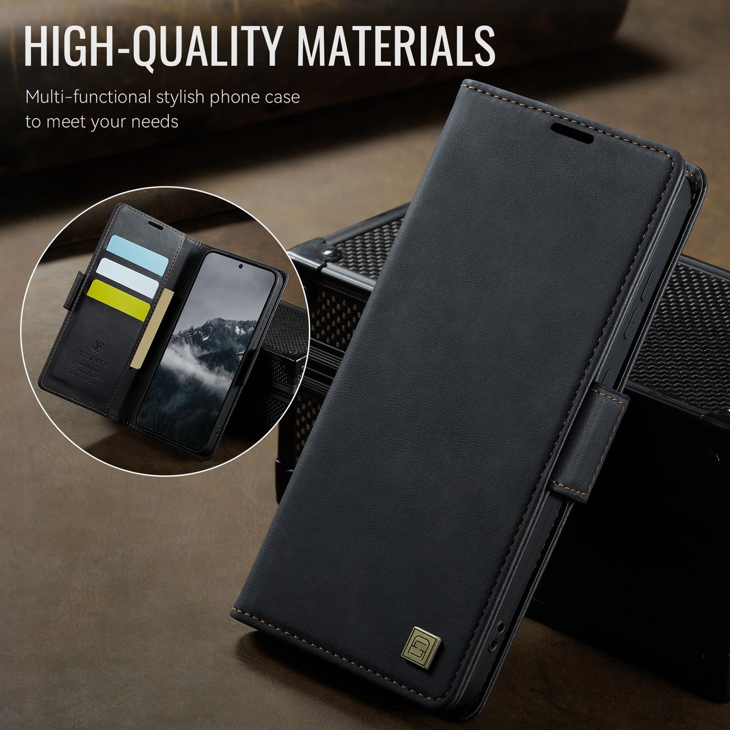 For Samsung Galaxy S25 Ultra Case AUTSPACE A11 RFID Blocking Retro Leather Cell Phone Wallet Cover - Black