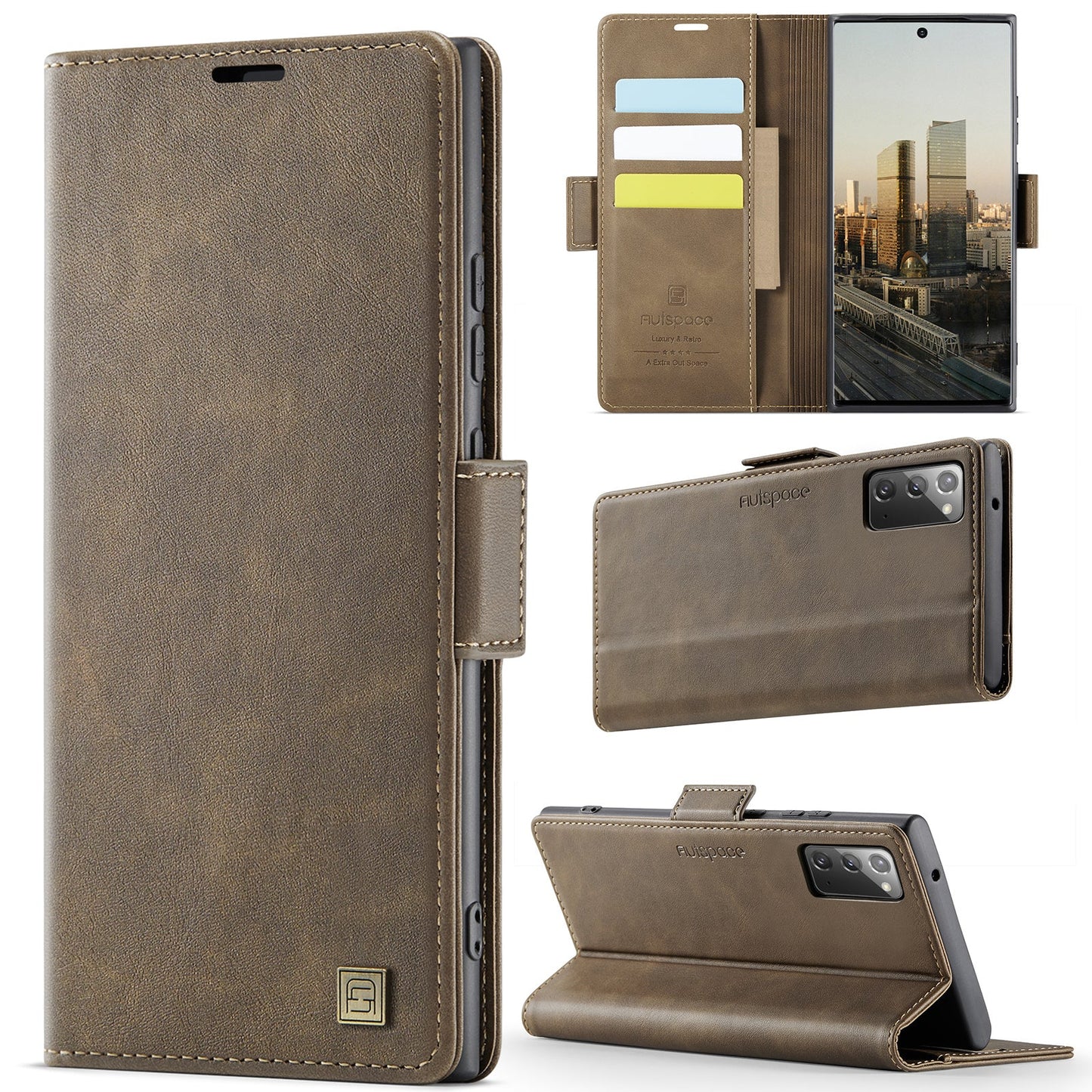 For Samsung Galaxy Note20 5G Case AUTSPACE A11 RFID Blocking Retro Leather Cell Phone Wallet Cover - Brown