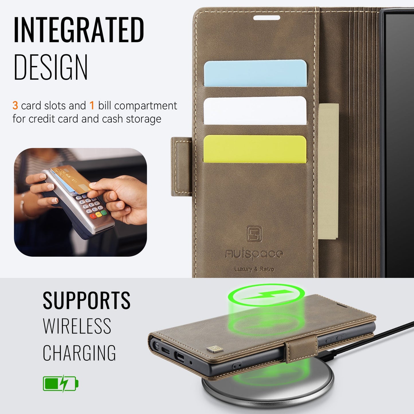 For Samsung Galaxy Note20 5G Case AUTSPACE A11 RFID Blocking Retro Leather Cell Phone Wallet Cover - Brown