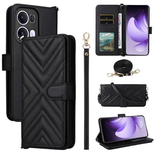 For Oppo Reno13 Pro 5G Wallet Case with Shoulder / Wrist Strap Leather Phone Cover Stand - Black