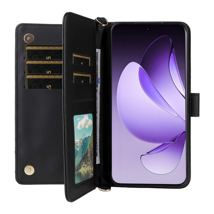 For Oppo Reno13 Pro 5G Wallet Case with Shoulder / Wrist Strap Leather Phone Cover Stand - Black