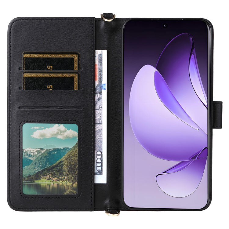 For Oppo Reno13 Pro 5G Wallet Case with Shoulder / Wrist Strap Leather Phone Cover Stand - Black