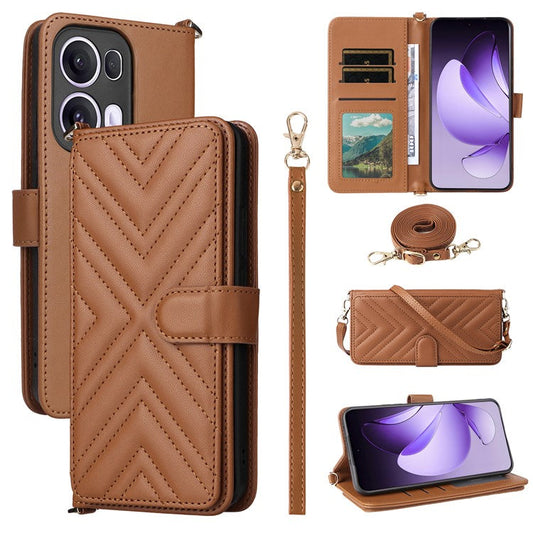 For Oppo Reno13 Pro 5G Wallet Case with Shoulder / Wrist Strap Leather Phone Cover Stand - Brown