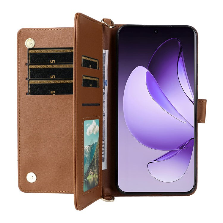 For Oppo Reno13 Pro 5G Wallet Case with Shoulder / Wrist Strap Leather Phone Cover Stand - Brown