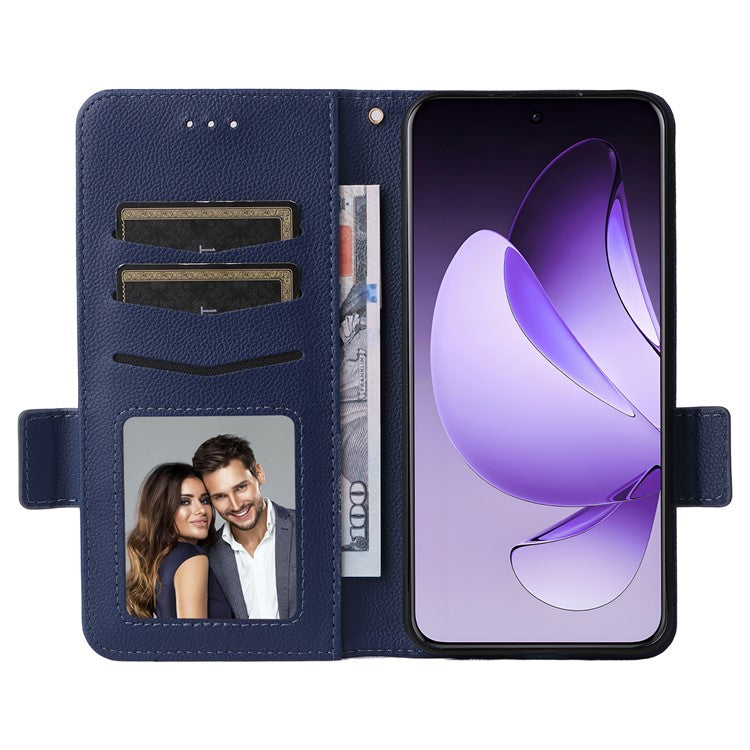 For Oppo Reno13 Pro 5G Case with Wrist Strap Litchi Texture PU Leather Wallet Phone Cover - Dark Blue