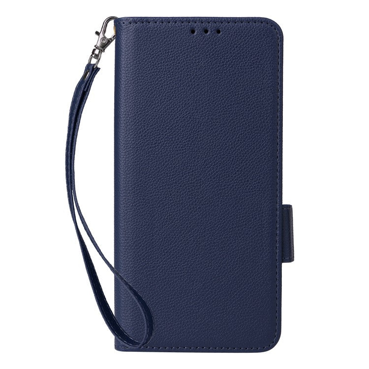 For Oppo Reno13 Pro 5G Case with Wrist Strap Litchi Texture PU Leather Wallet Phone Cover - Dark Blue