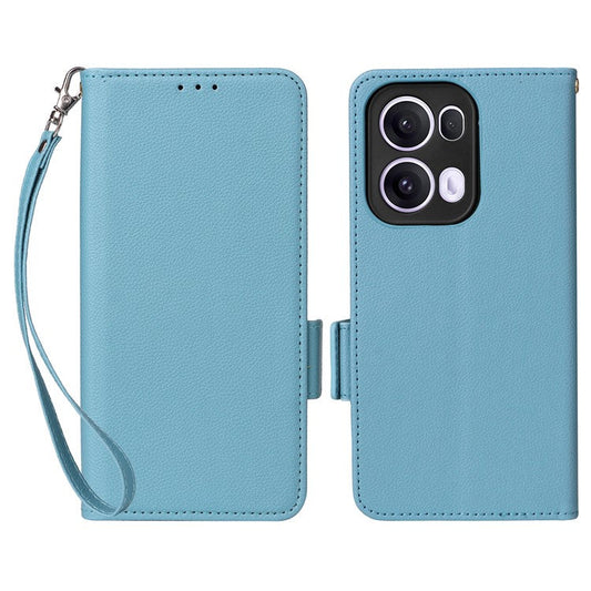 For Oppo Reno13 Pro 5G Case with Wrist Strap Litchi Texture PU Leather Wallet Phone Cover - Baby Blue