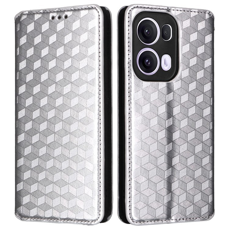 For Oppo Reno13 Pro 5G Wallet Case Rhombus Imprinted Leather Phone Cover - Silver