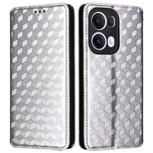 For Oppo Reno13 Pro 5G Wallet Case Rhombus Imprinted Leather Phone Cover - Silver