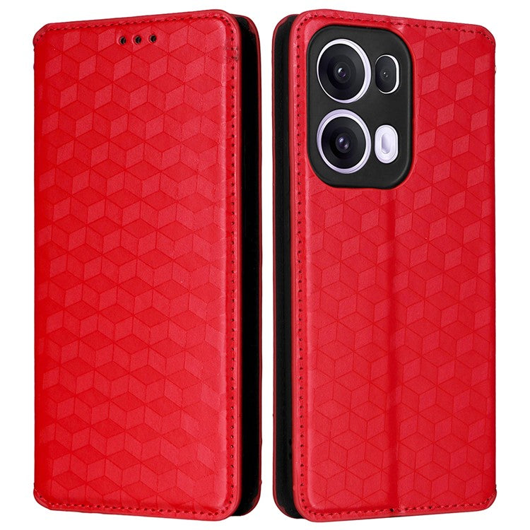 For Oppo Reno13 Pro 5G Wallet Case Rhombus Imprinted Leather Phone Cover - Red