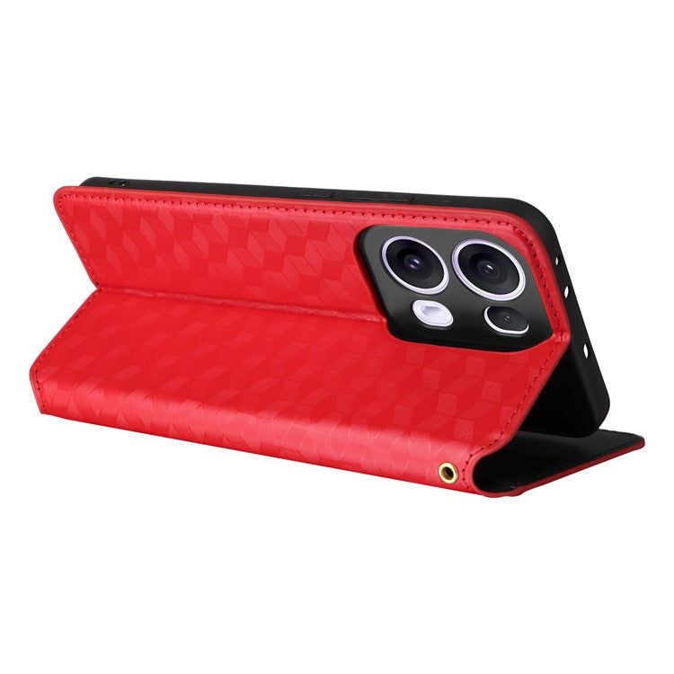 For Oppo Reno13 Pro 5G Wallet Case Rhombus Imprinted Leather Phone Cover - Red
