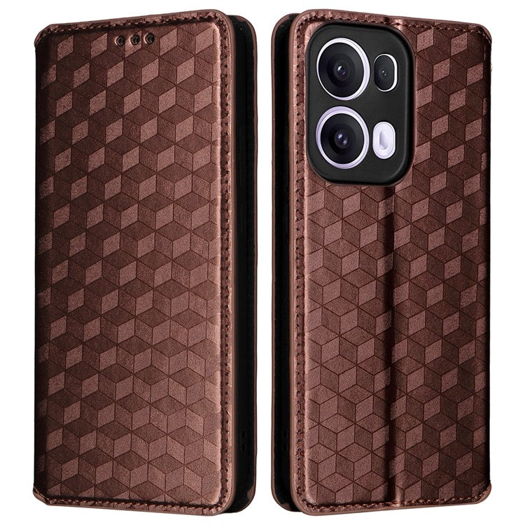 For Oppo Reno13 Pro 5G Wallet Case Rhombus Imprinted Leather Phone Cover - Brown