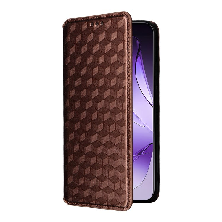 For Oppo Reno13 Pro 5G Wallet Case Rhombus Imprinted Leather Phone Cover - Brown