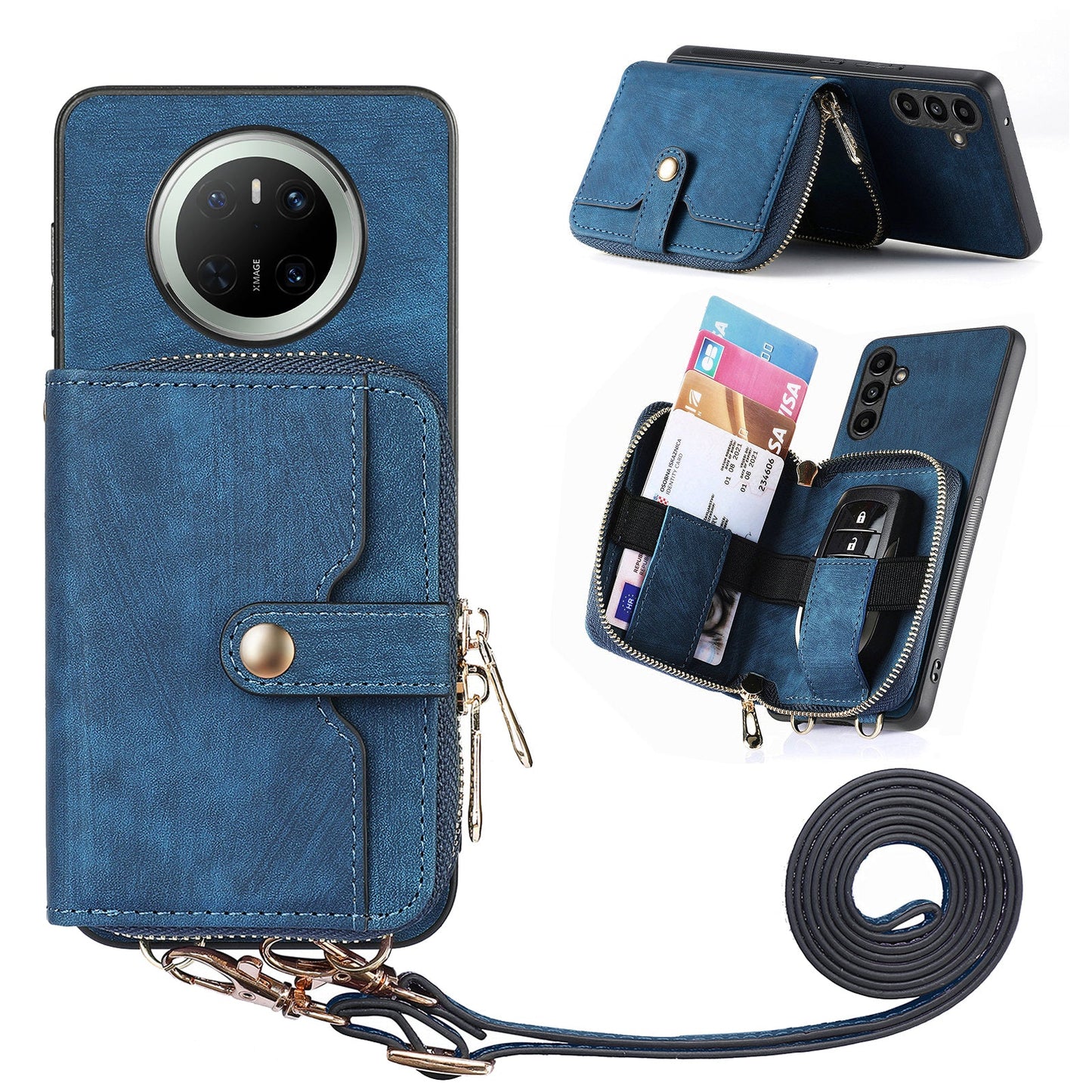 For Huawei Mate 70 PU Leather Phone Back Cover with Zipper Card Holder and Long Strap - Blue