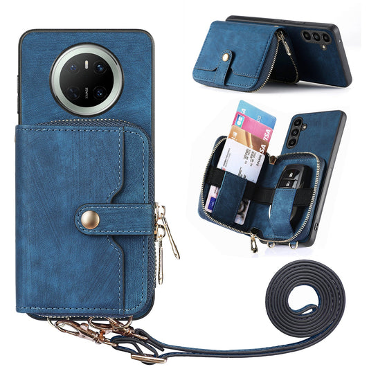 For Huawei Mate 70 PU Leather Phone Back Cover with Zipper Card Holder and Long Strap - Blue