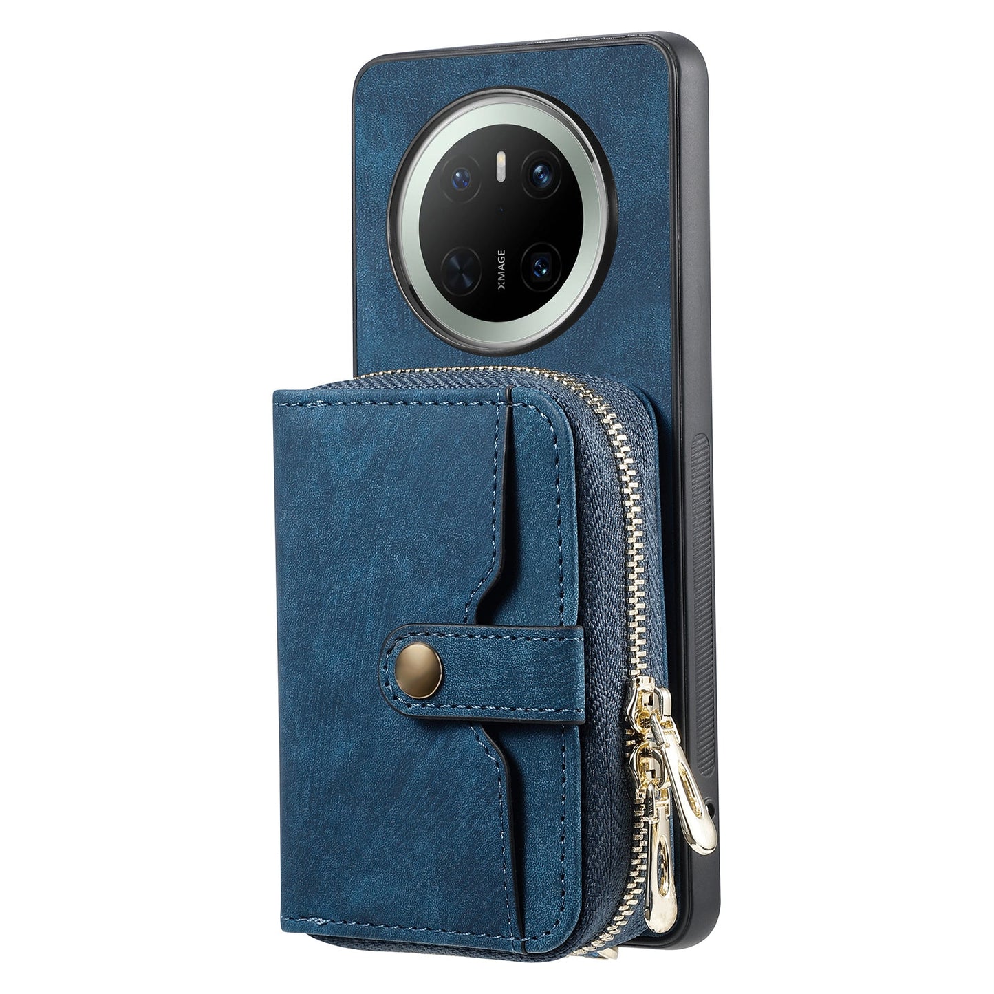 For Huawei Mate 70 PU Leather Phone Back Cover with Zipper Card Holder and Long Strap - Blue