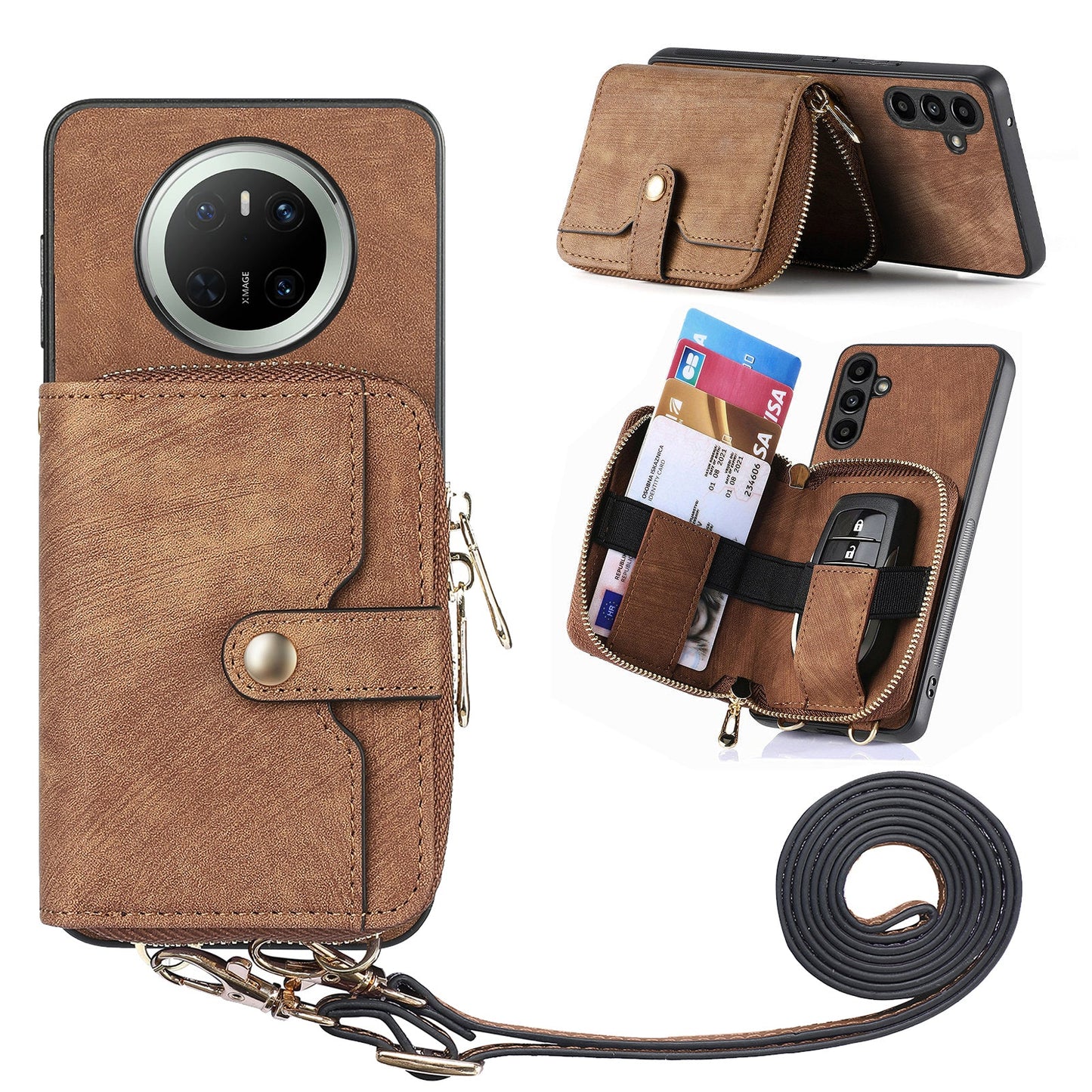 For Huawei Mate 70 PU Leather Phone Back Cover with Zipper Card Holder and Long Strap - Brown