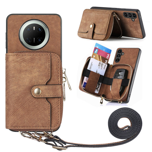For Huawei Mate 70 PU Leather Phone Back Cover with Zipper Card Holder and Long Strap - Brown