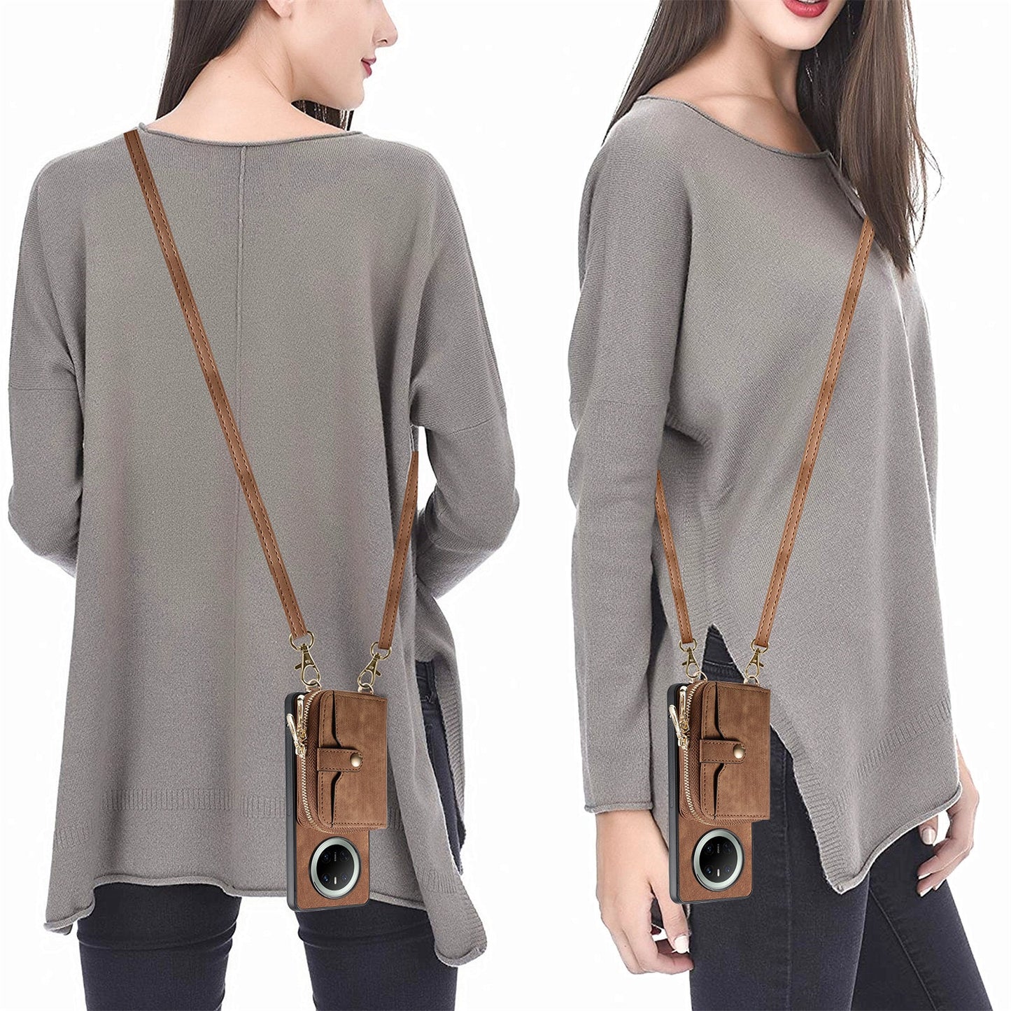 For Huawei Mate 70 PU Leather Phone Back Cover with Zipper Card Holder and Long Strap - Brown