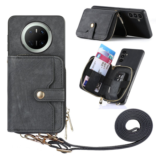 For Huawei Mate 70 PU Leather Phone Back Cover with Zipper Card Holder and Long Strap - Black