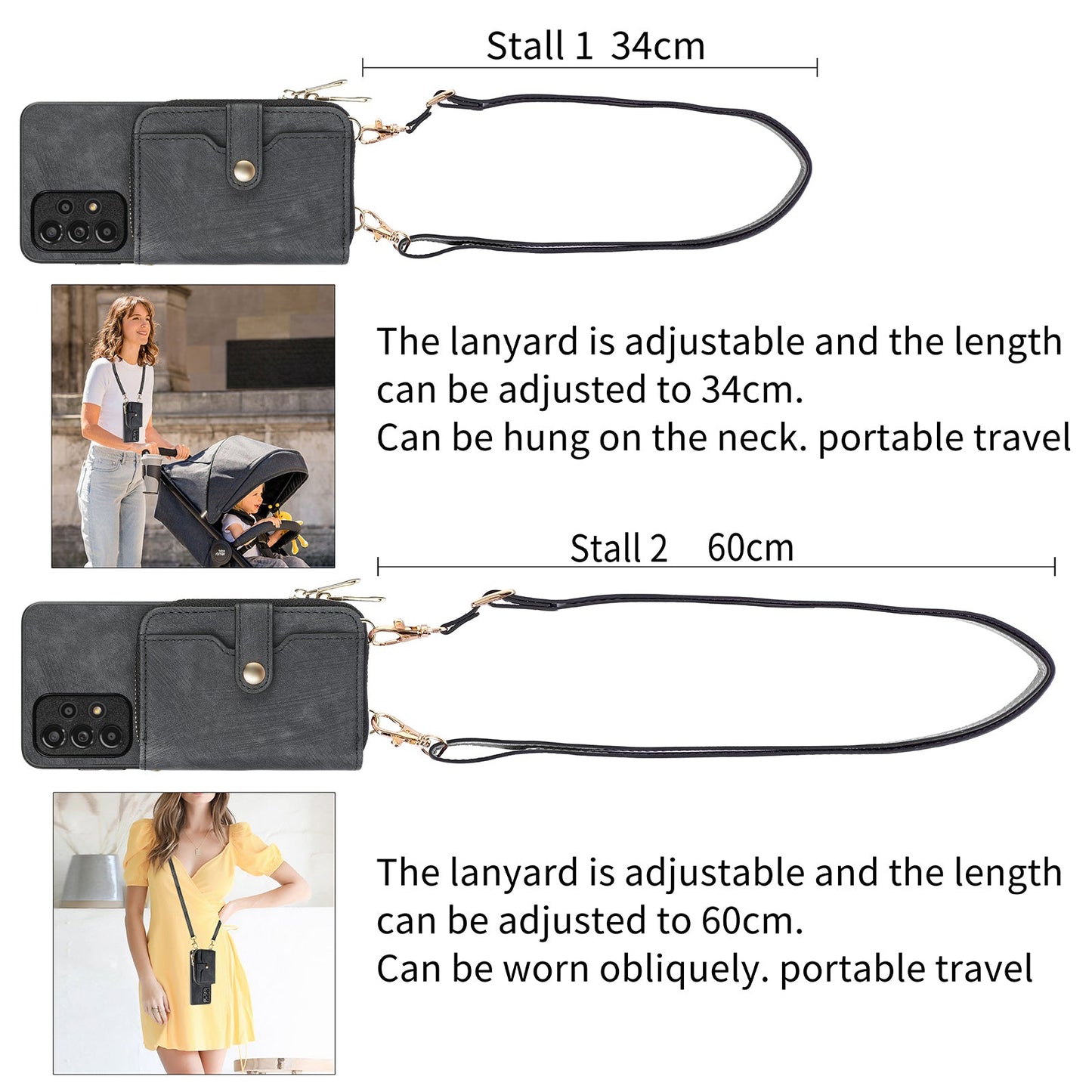 For Huawei Mate 70 PU Leather Phone Back Cover with Zipper Card Holder and Long Strap - Black