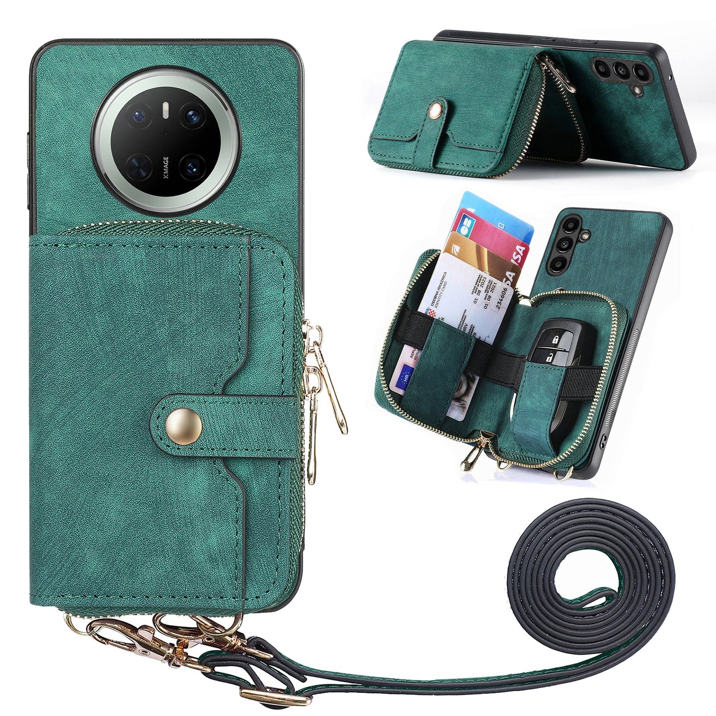 For Huawei Mate 70 PU Leather Phone Back Cover with Zipper Card Holder and Long Strap - Green