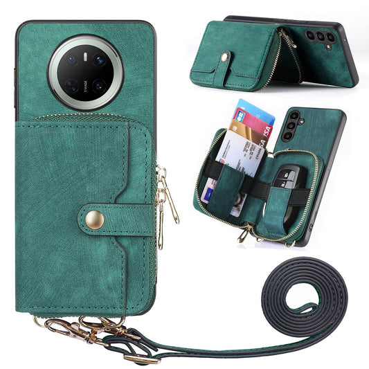 For Huawei Mate 70 PU Leather Phone Back Cover with Zipper Card Holder and Long Strap - Green
