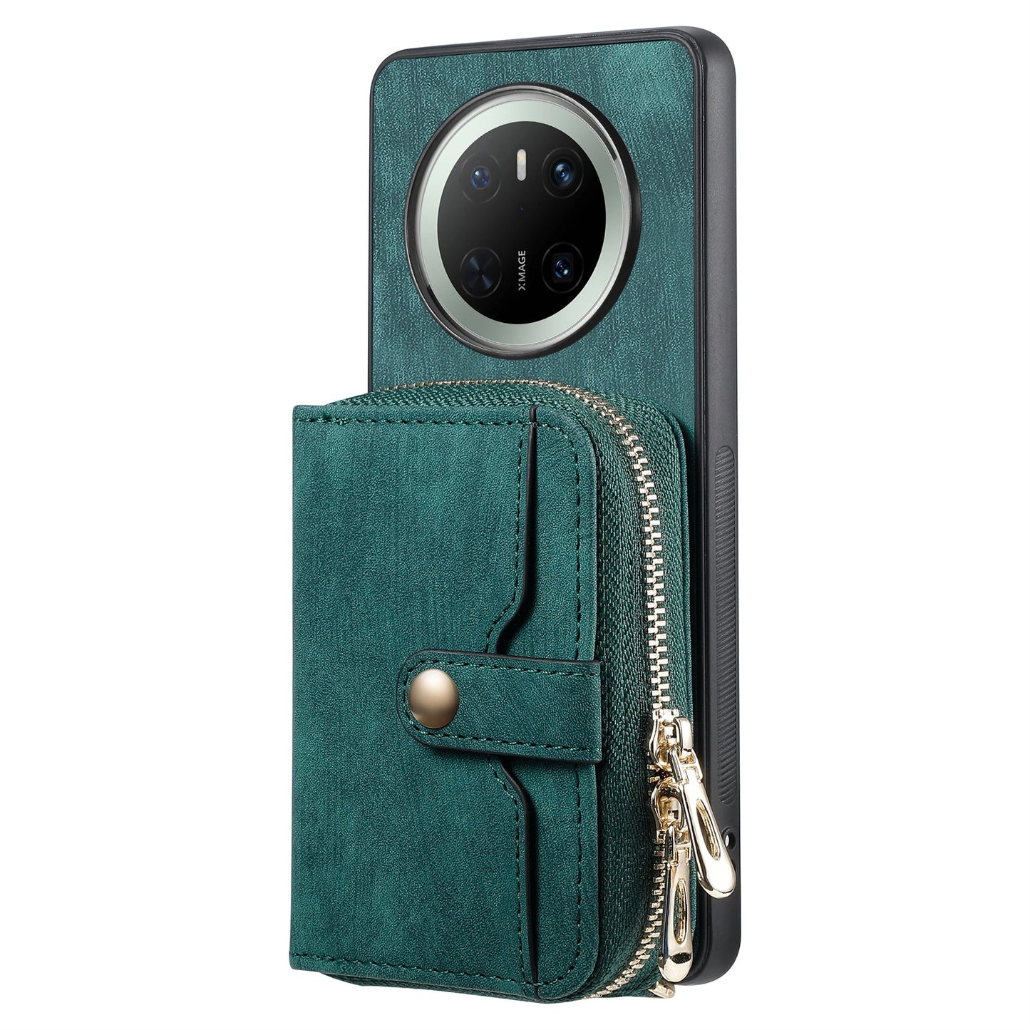 For Huawei Mate 70 PU Leather Phone Back Cover with Zipper Card Holder and Long Strap - Green