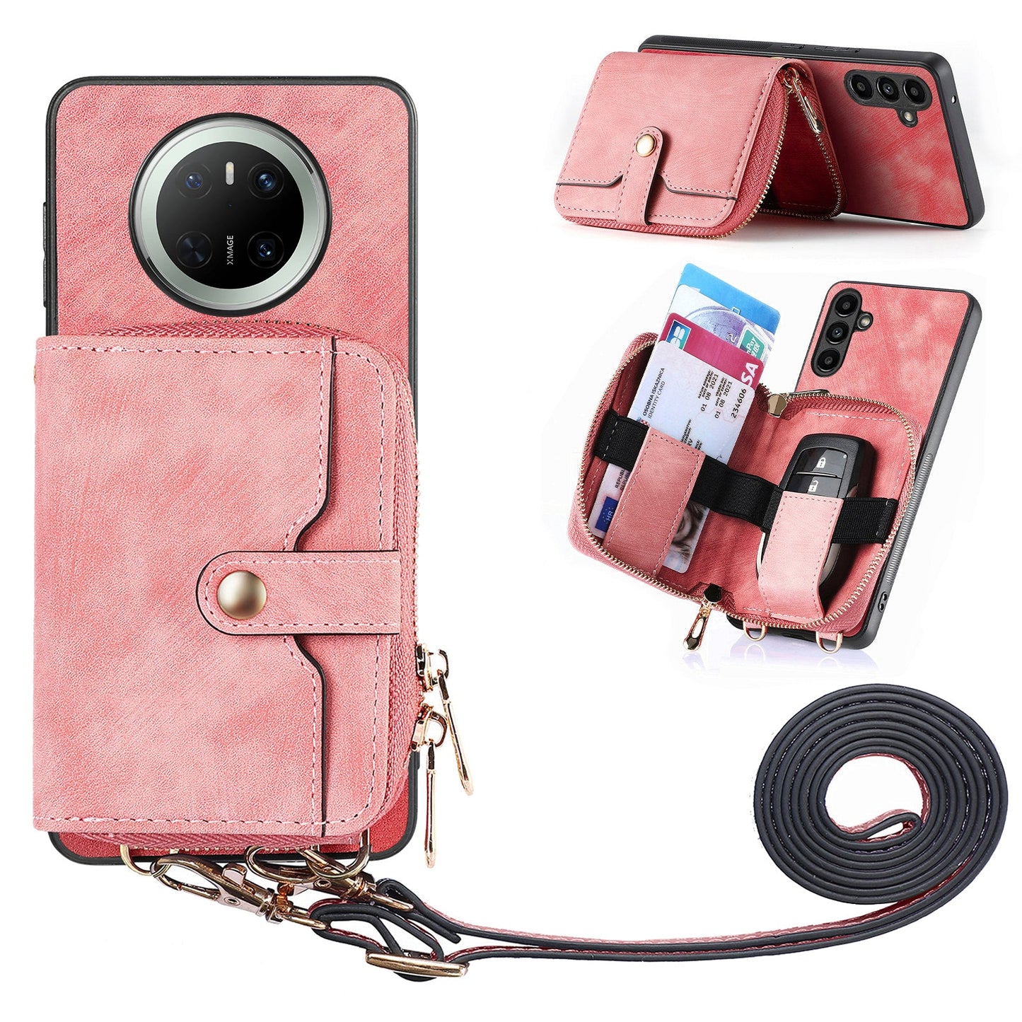 For Huawei Mate 70 PU Leather Phone Back Cover with Zipper Card Holder and Long Strap - Pink