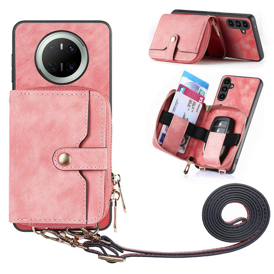 For Huawei Mate 70 PU Leather Phone Back Cover with Zipper Card Holder and Long Strap - Pink