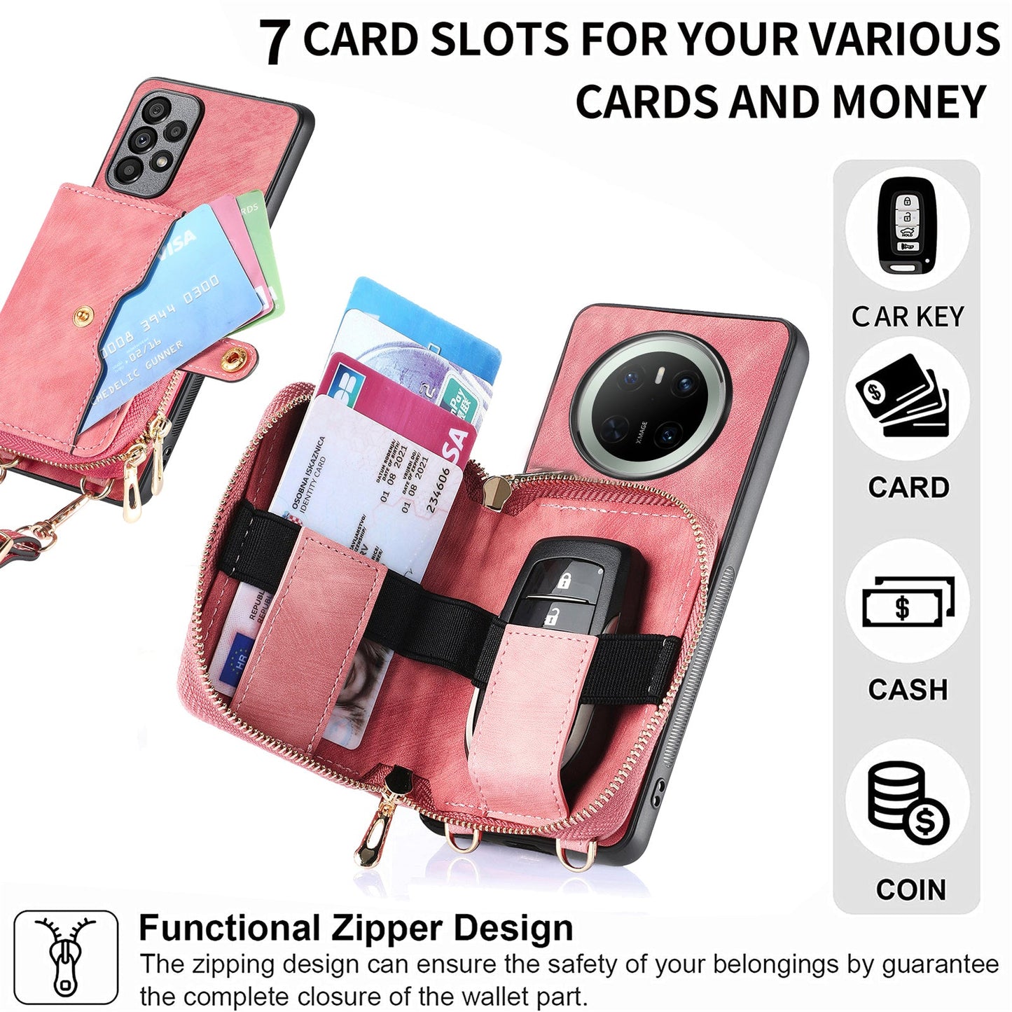 For Huawei Mate 70 PU Leather Phone Back Cover with Zipper Card Holder and Long Strap - Pink