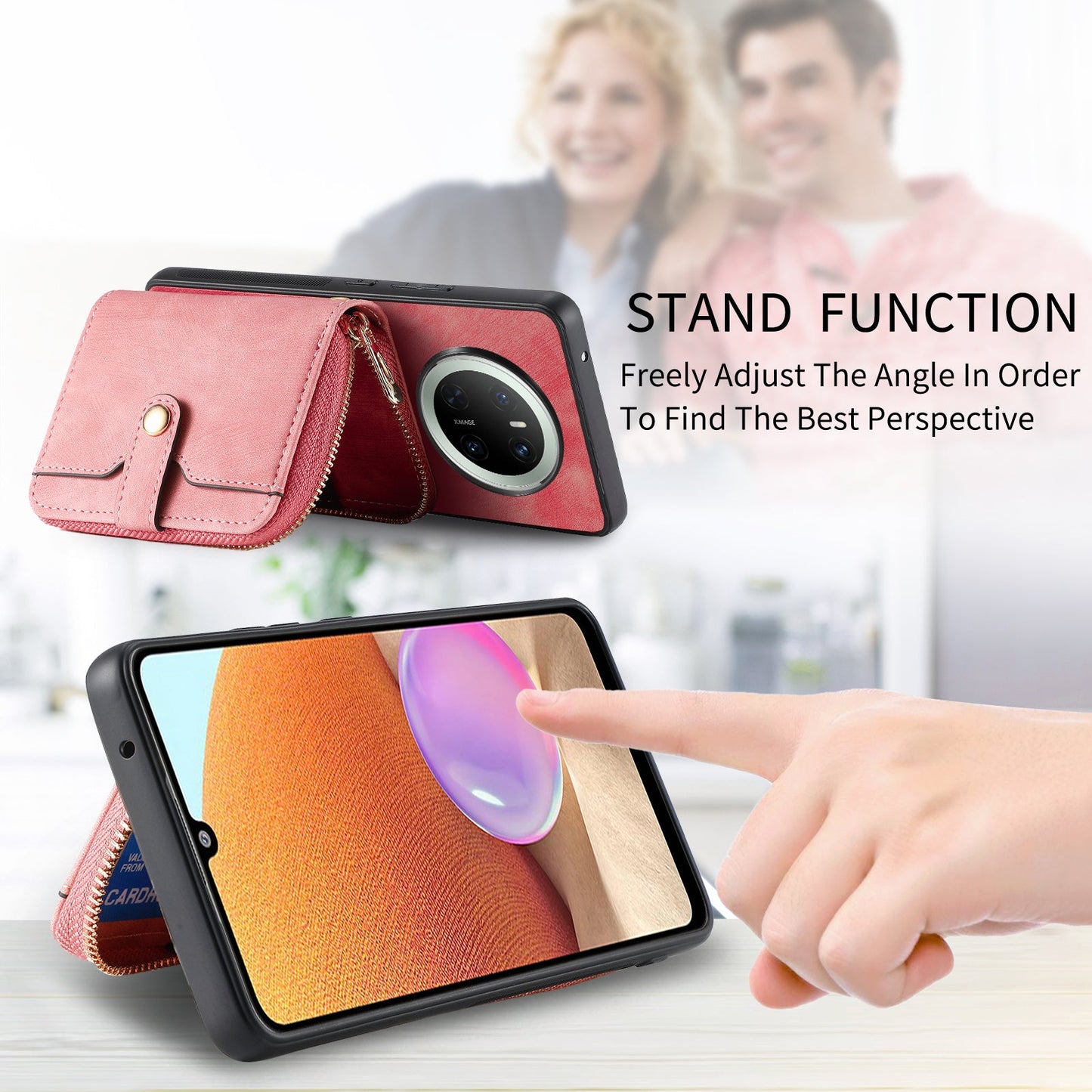 For Huawei Mate 70 PU Leather Phone Back Cover with Zipper Card Holder and Long Strap - Pink