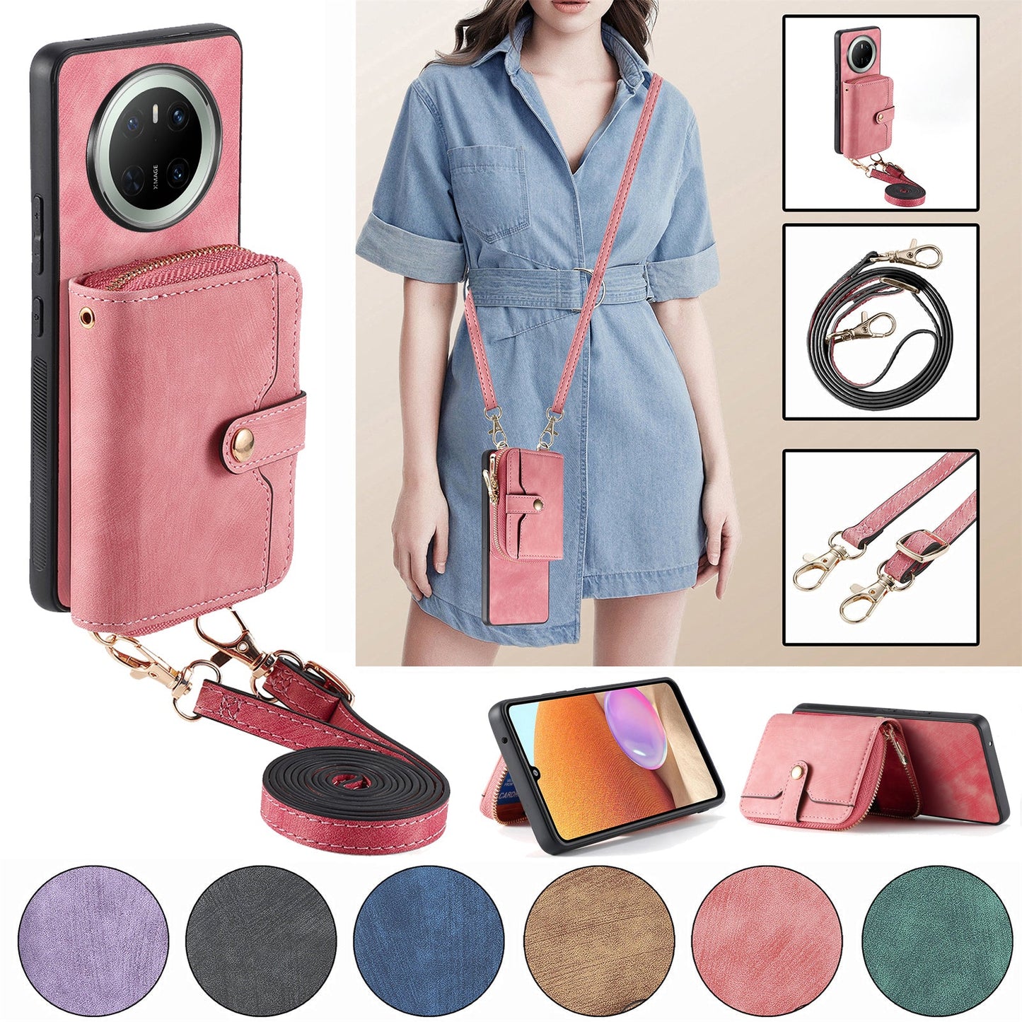 For Huawei Mate 70 PU Leather Phone Back Cover with Zipper Card Holder and Long Strap - Pink