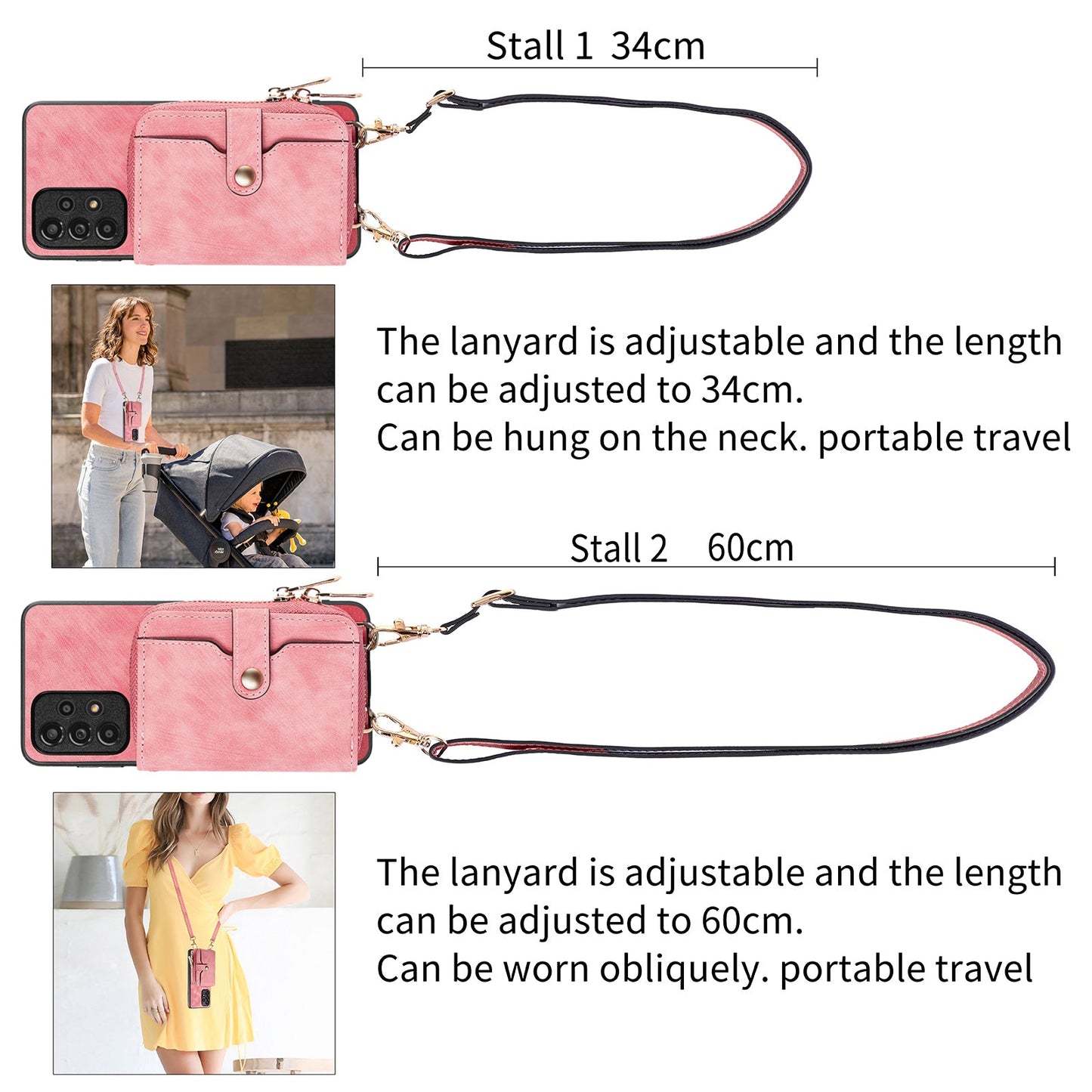 For Huawei Mate 70 PU Leather Phone Back Cover with Zipper Card Holder and Long Strap - Pink