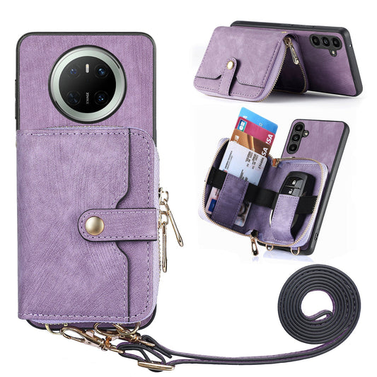 For Huawei Mate 70 PU Leather Phone Back Cover with Zipper Card Holder and Long Strap - Purple