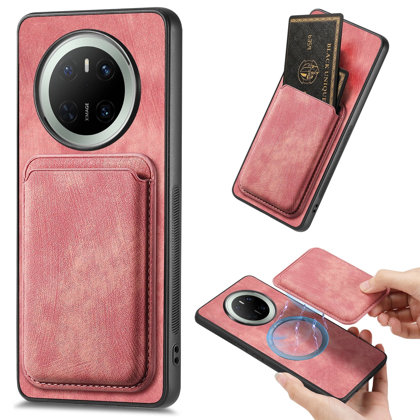 For Huawei Mate 70 Case Retro Leather TPU Phone Back Cover with Detachable Card Slot - Pink