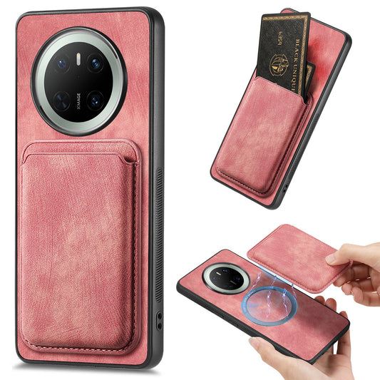 For Huawei Mate 70 Case Retro Leather TPU Phone Back Cover with Detachable Card Slot - Pink