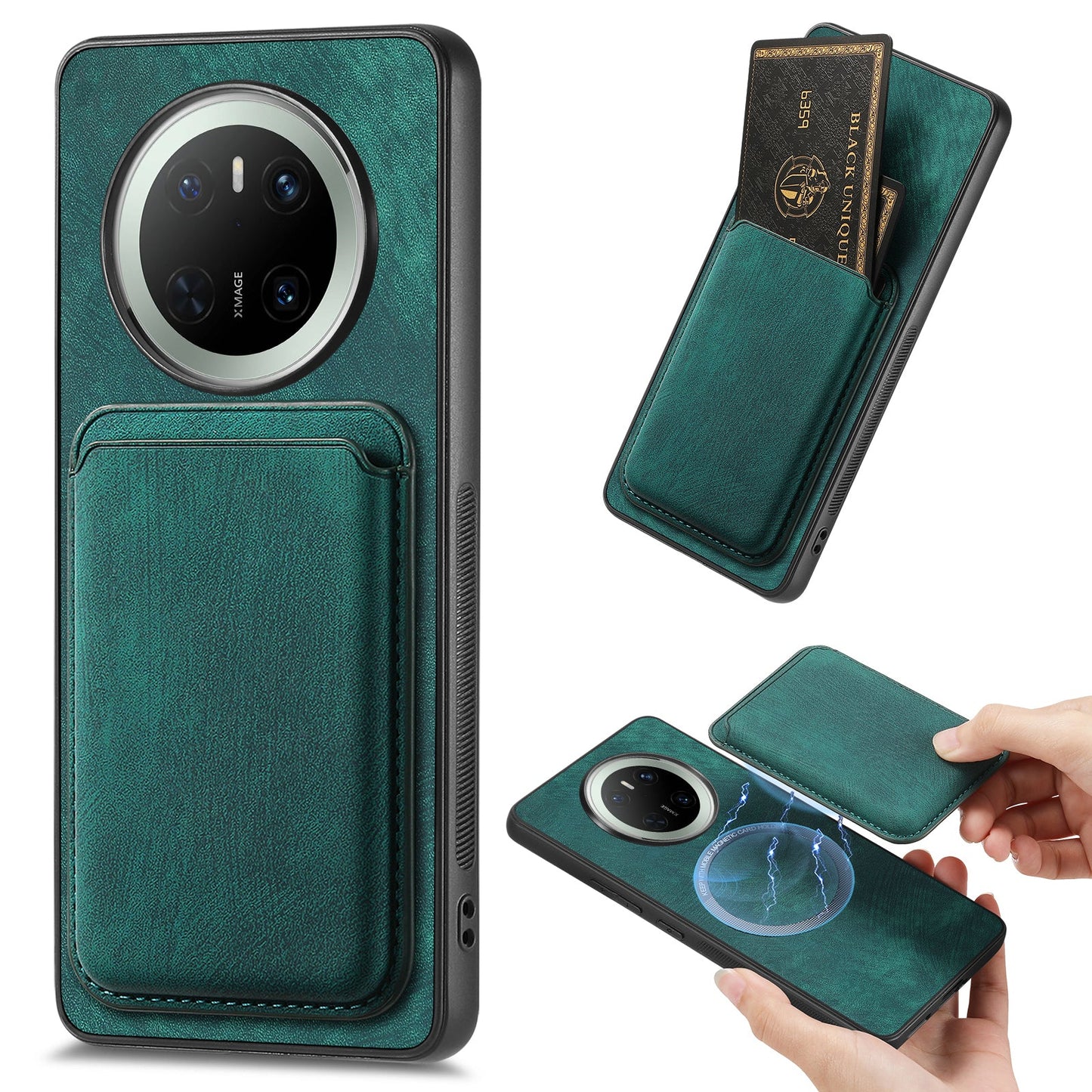 For Huawei Mate 70 Case Retro Leather TPU Phone Back Cover with Detachable Card Slot - Green
