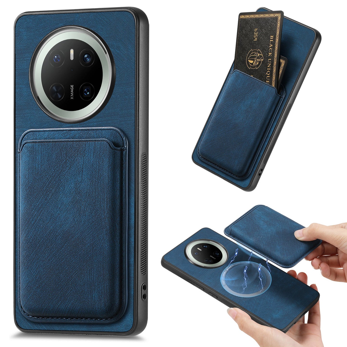 For Huawei Mate 70 Case Retro Leather TPU Phone Back Cover with Detachable Card Slot - Blue