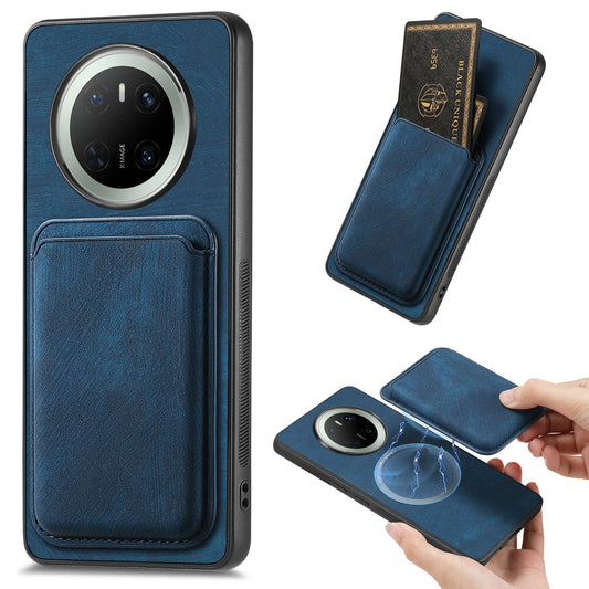 For Huawei Mate 70 Case Retro Leather TPU Phone Back Cover with Detachable Card Slot - Blue