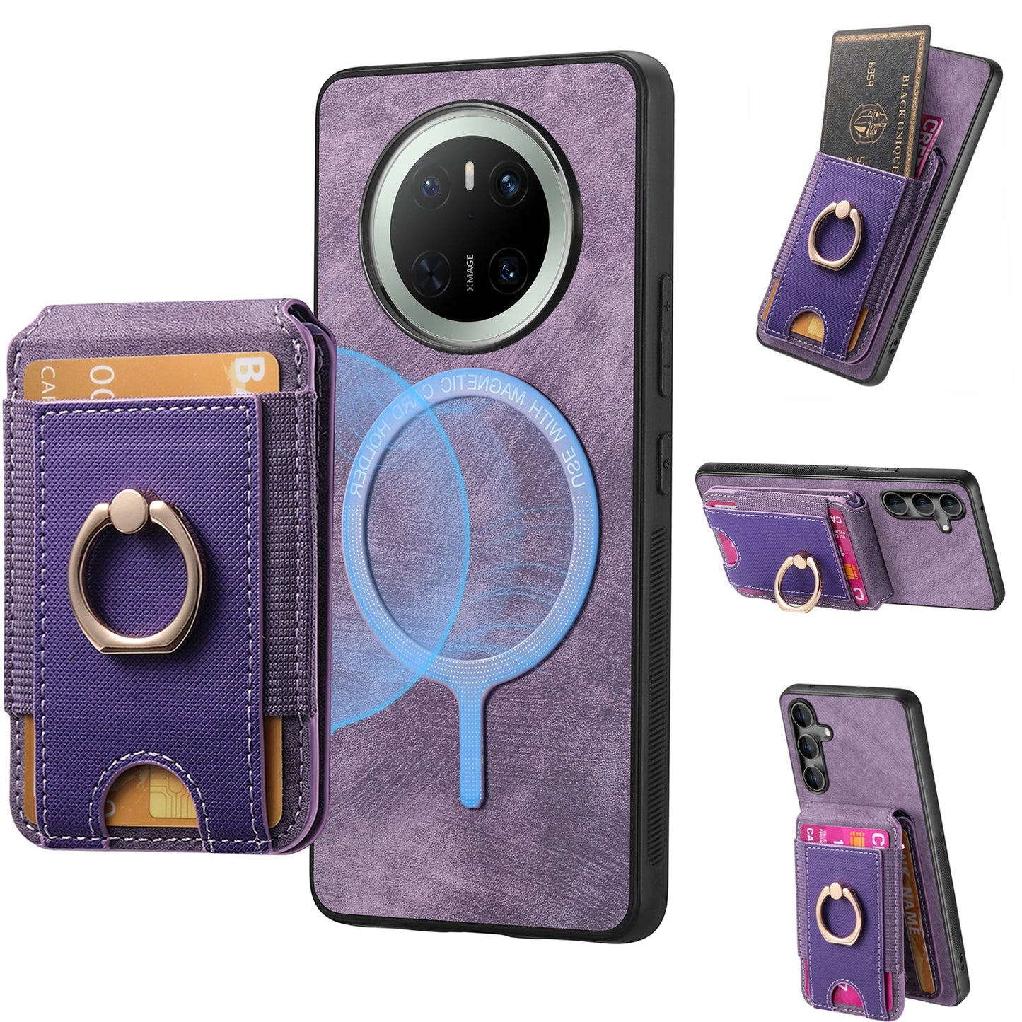 For Huawei Mate 70 Leather Back Cover with Detachable Card Holder Kickstand - Purple