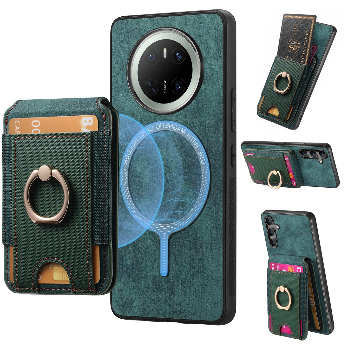 For Huawei Mate 70 Leather Back Cover with Detachable Card Holder Kickstand - Green