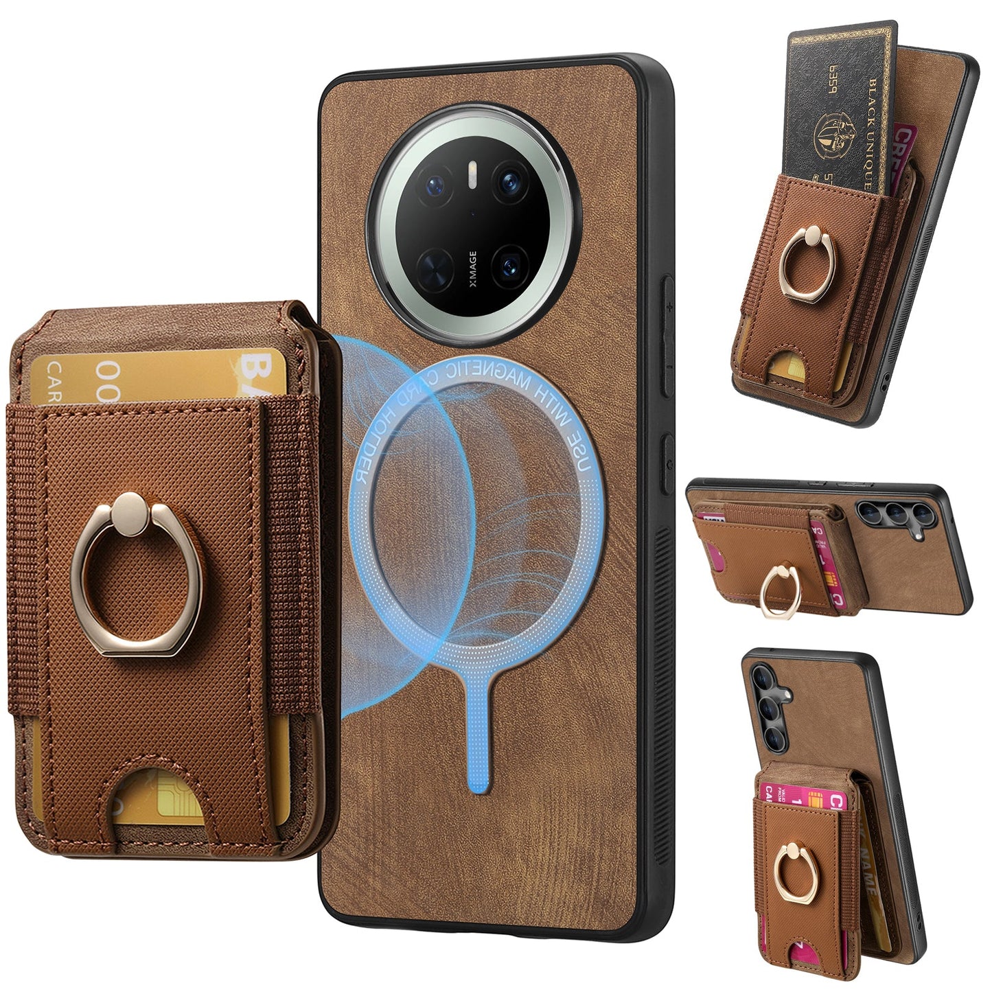 For Huawei Mate 70 Leather Back Cover with Detachable Card Holder Kickstand - Brown