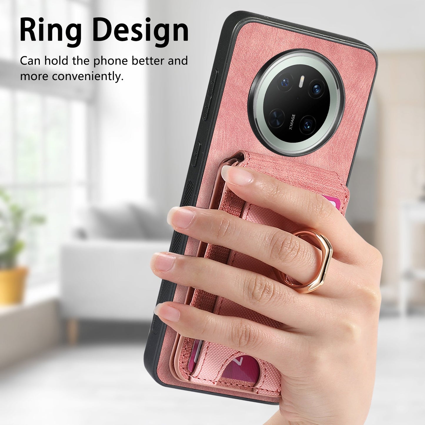 For Huawei Mate 70 Leather Back Cover with Detachable Card Holder Kickstand - Pink