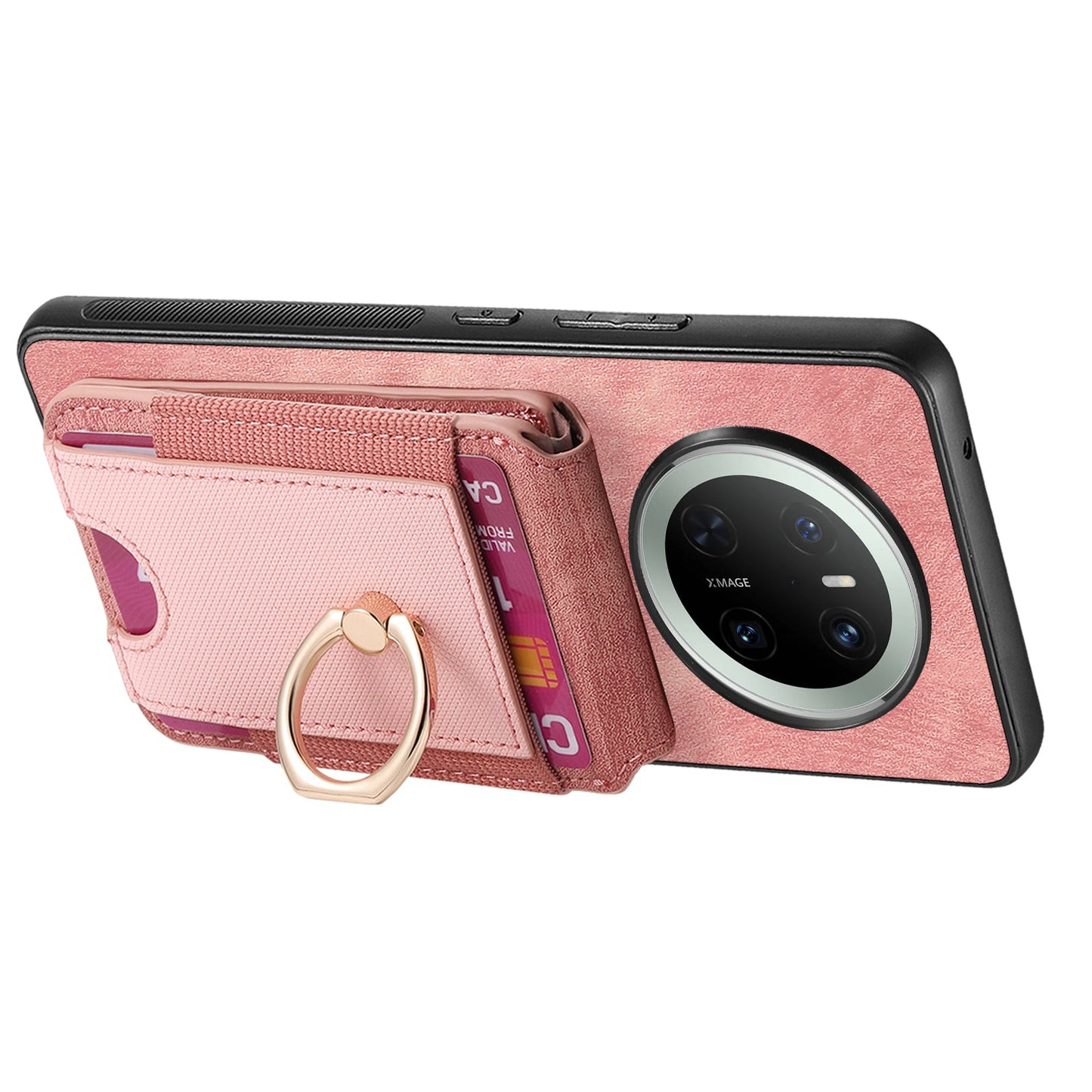 For Huawei Mate 70 Leather Back Cover with Detachable Card Holder Kickstand - Pink